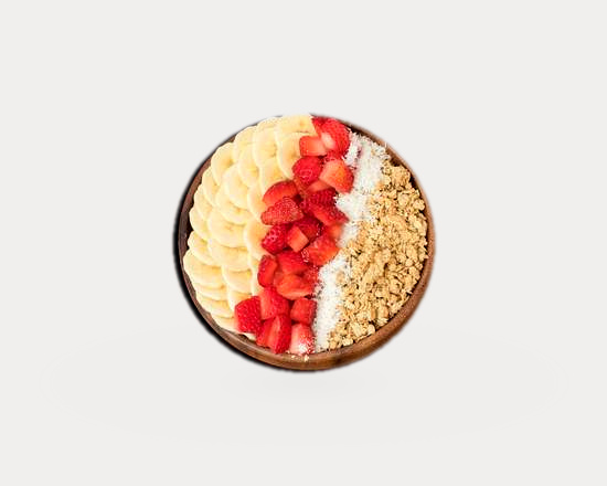 Classic açaí bowl: granola, fresa, plátano, crema de cacahuete, coco rallado
